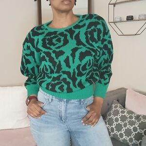 Vintage‎ Brigitte Green & Black Floral Crewneck Sweater - Women